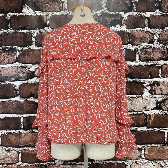 Max Studio Blouse Women's L Large Orange Floral Long Sleeve V-Neck Ruffles Top - Picture 11 of 14